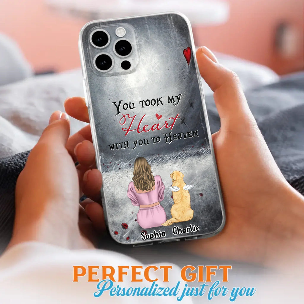Custom Personalized Memorial Dog Mom Phone Case - Upto 5 Dogs - Memorial Gift Idea for Dog Lovers - You Took My Heart With You To Heaven - Case For iPhone And Samsung