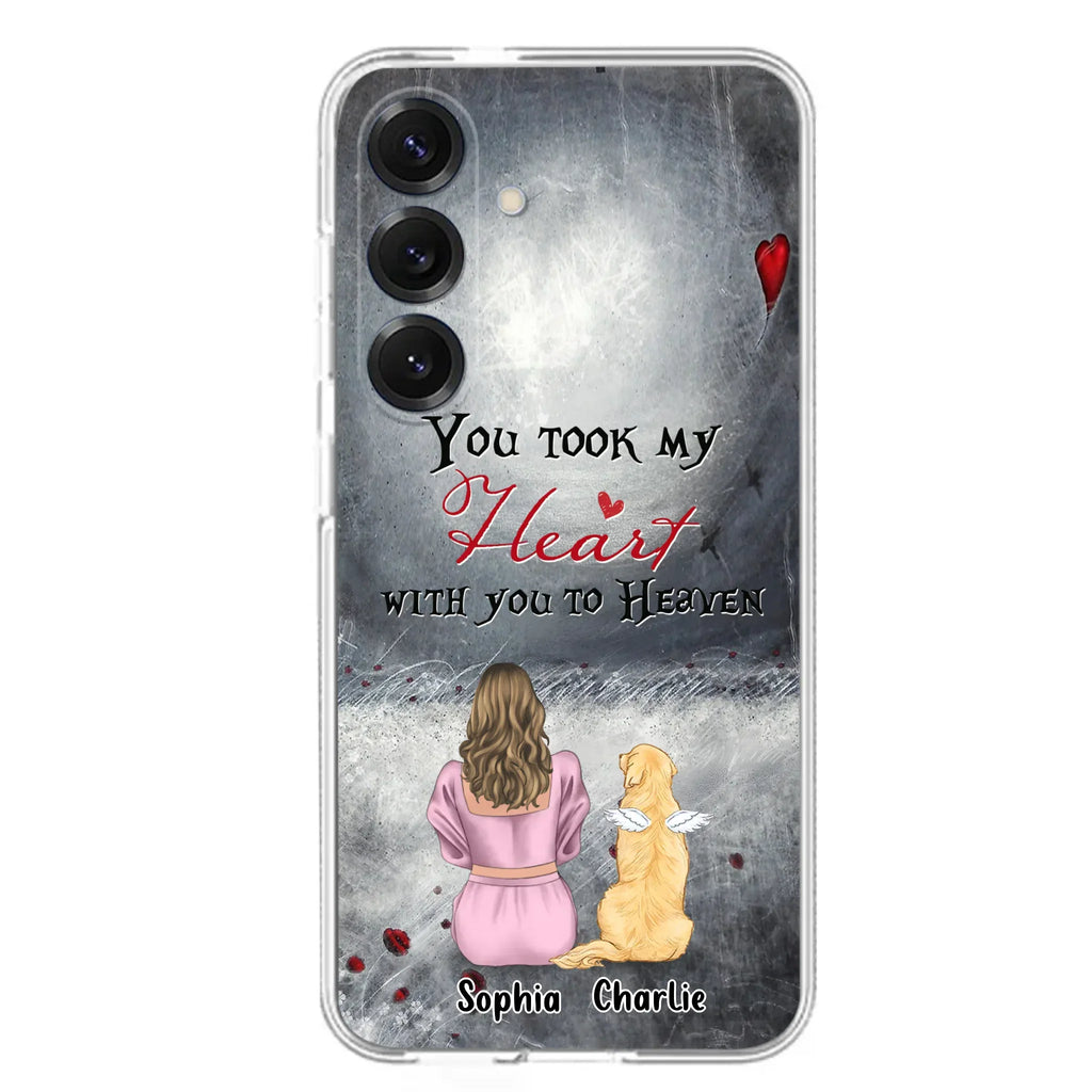 Custom Personalized Memorial Dog Mom Phone Case - Upto 5 Dogs - Memorial Gift Idea for Dog Lovers - You Took My Heart With You To Heaven - Case For iPhone And Samsung