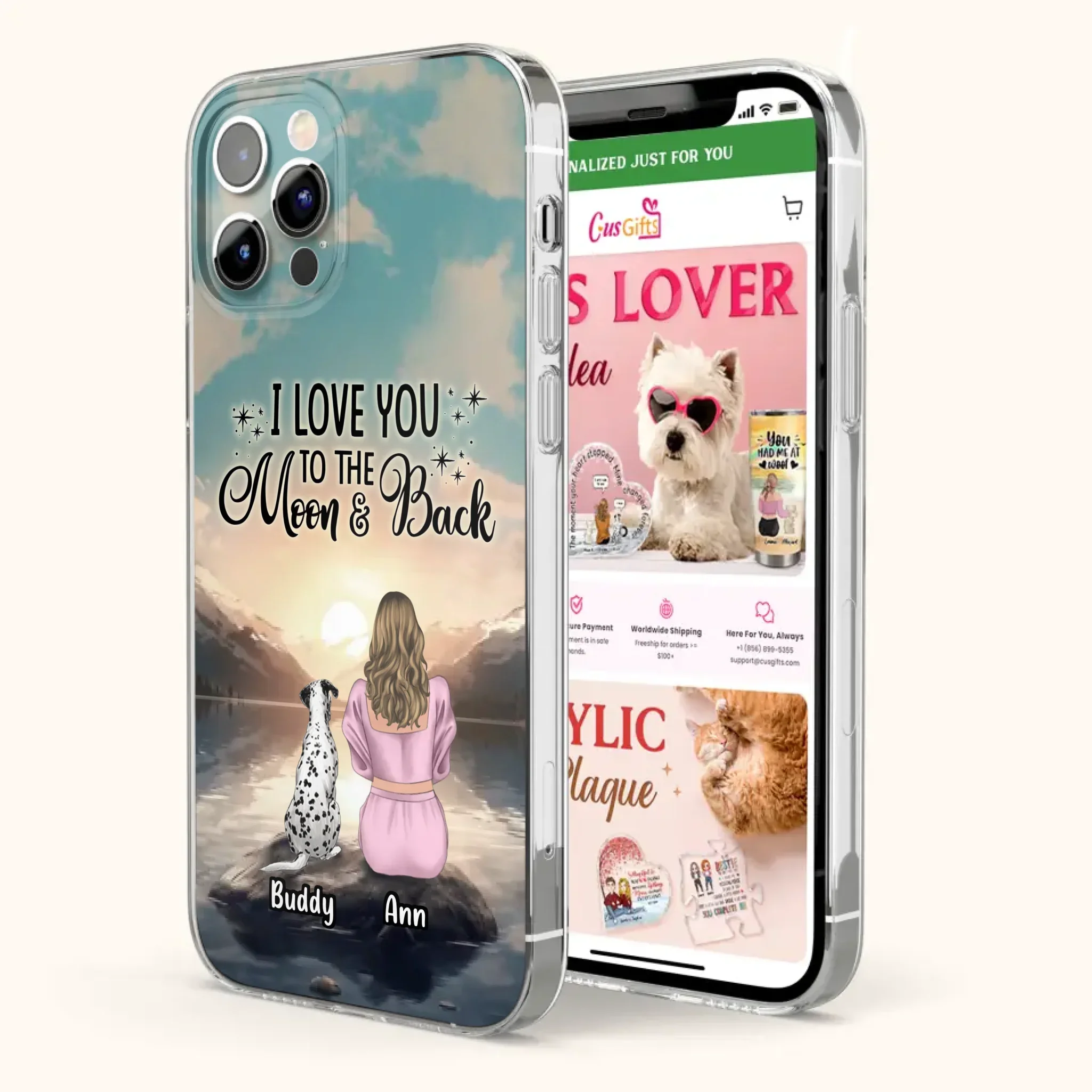 Custom Personalized Dog Mom Phone Case - Upto 6 Dogs - Gift Idea for Dog Lovers - I Love You To The Moon & Back - Case for iPhone/Samsung