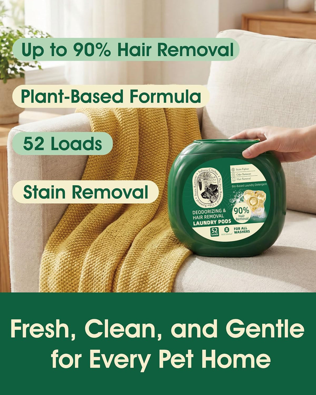 Seedshub Pet Hair Remover Laundry Pods Dog Cat Odor Stain 52 Count