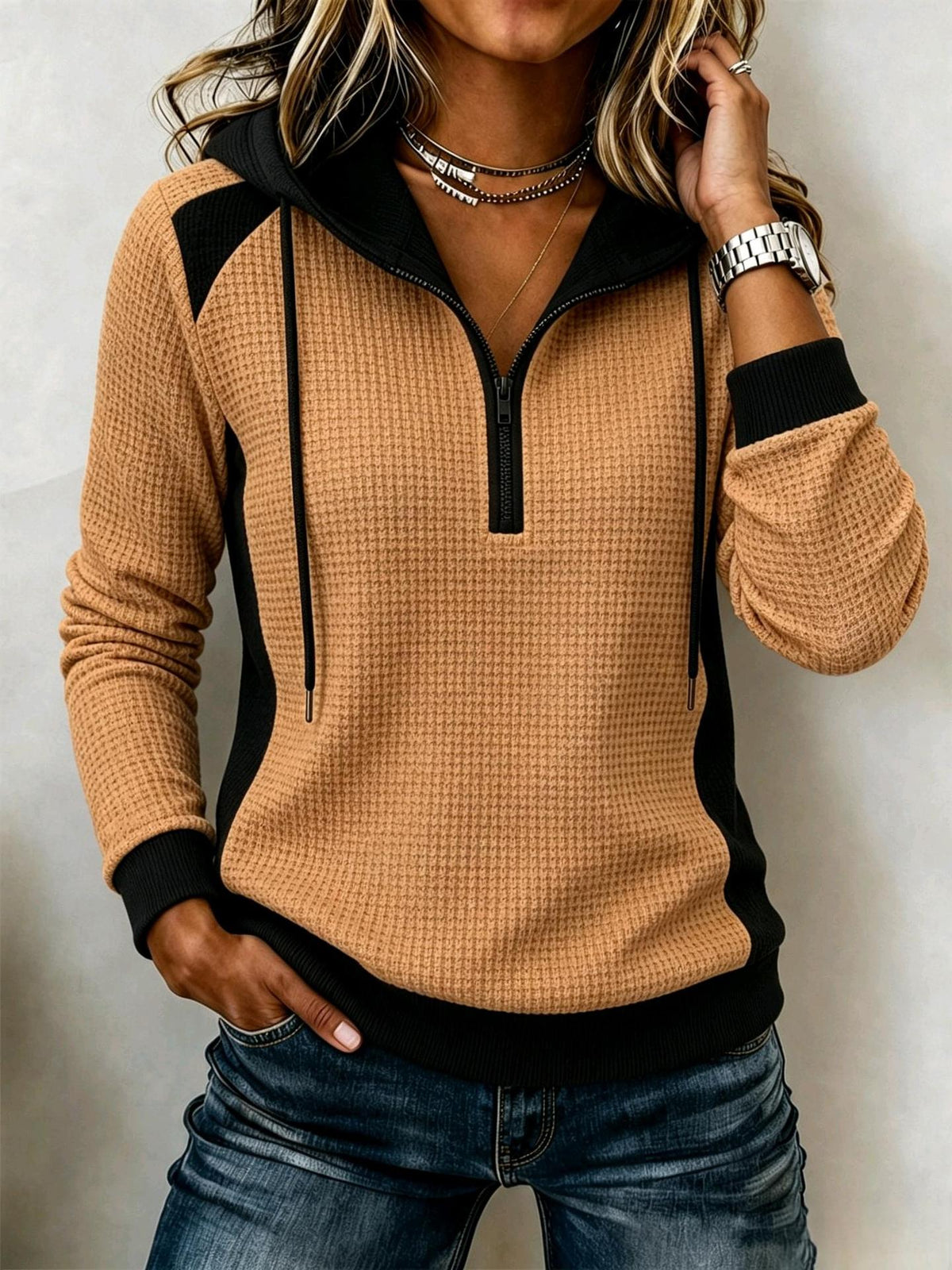 Women's Waffle-knit Half-zip Hooded Sweatshirt