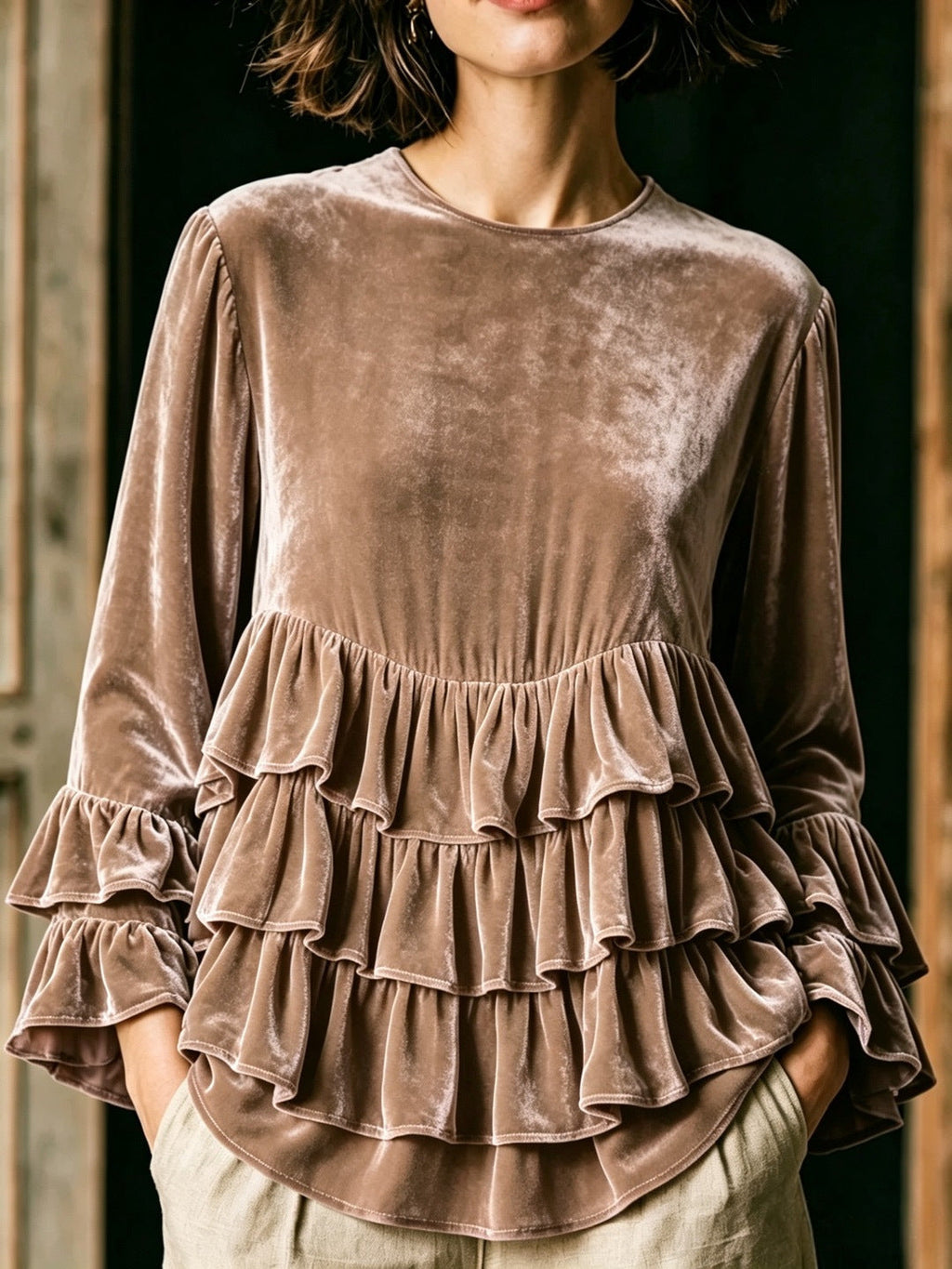 Womens Long-Sleeve Solid-Color Crew-Neck Ruffle-Trim Casual Loose-Fit Top