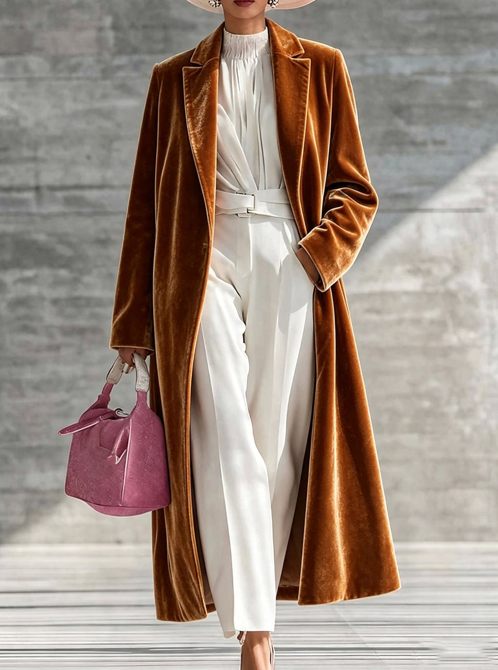 Womens V-neck Over-the-knee Velvet Coat
