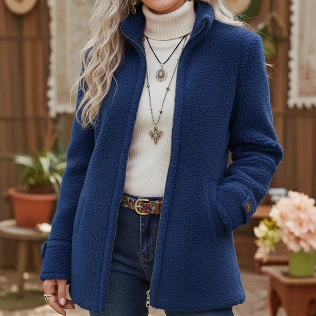 Fleece Zip-Up Jacket Women's Stand Collar Solid Color Loose Fit Casual Long Sleeve Outerwear Clothing
