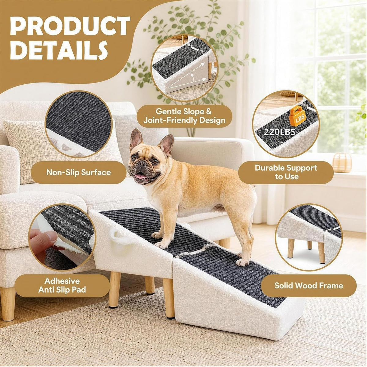 16in Foldable Wooden Dog Ramp Stairs Ottoman for Couch
