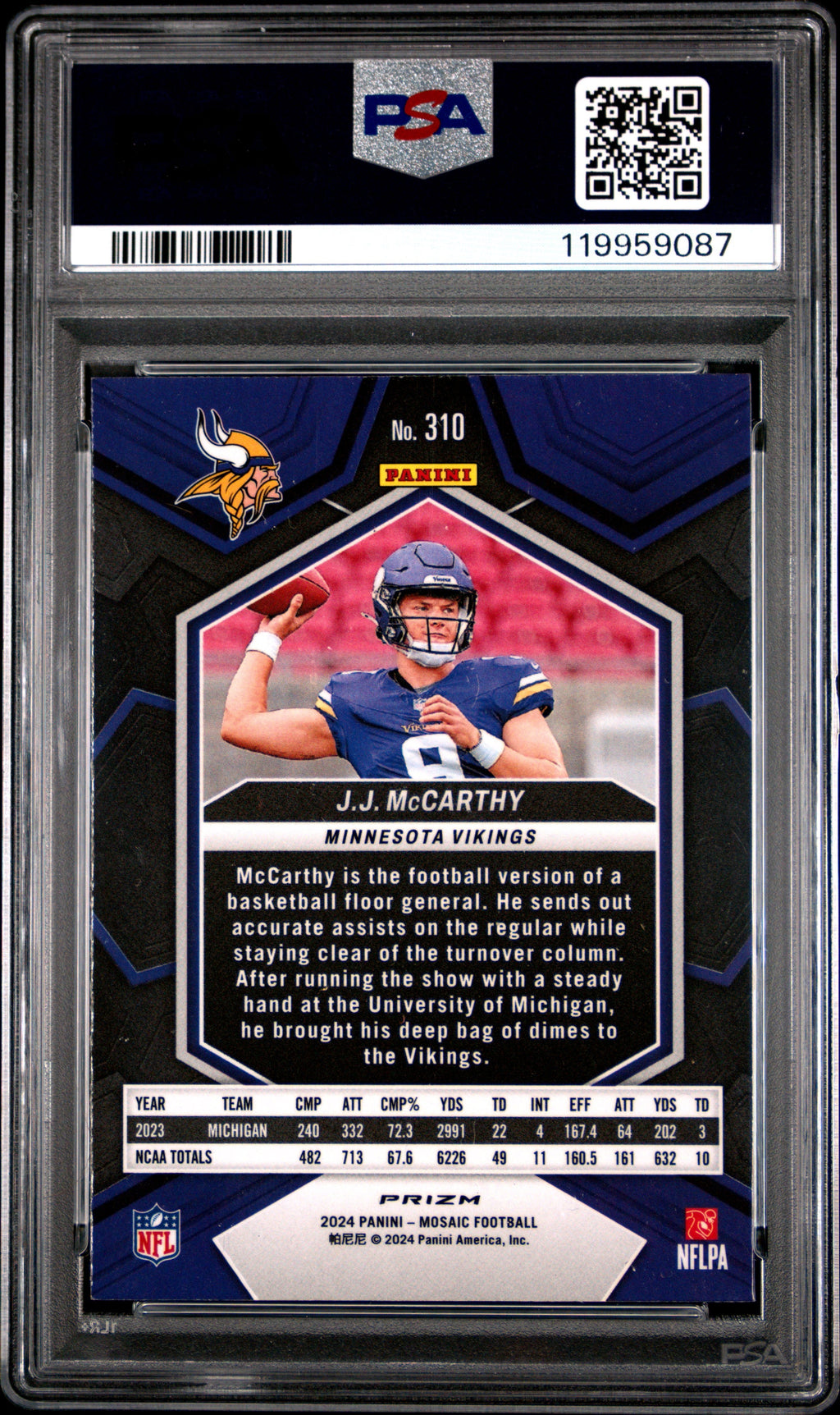 Graded 2024 Panini Mosaic JJ McCarthy #310 Reactive Yellow Rookie RC Football Card PSA 9 Mint