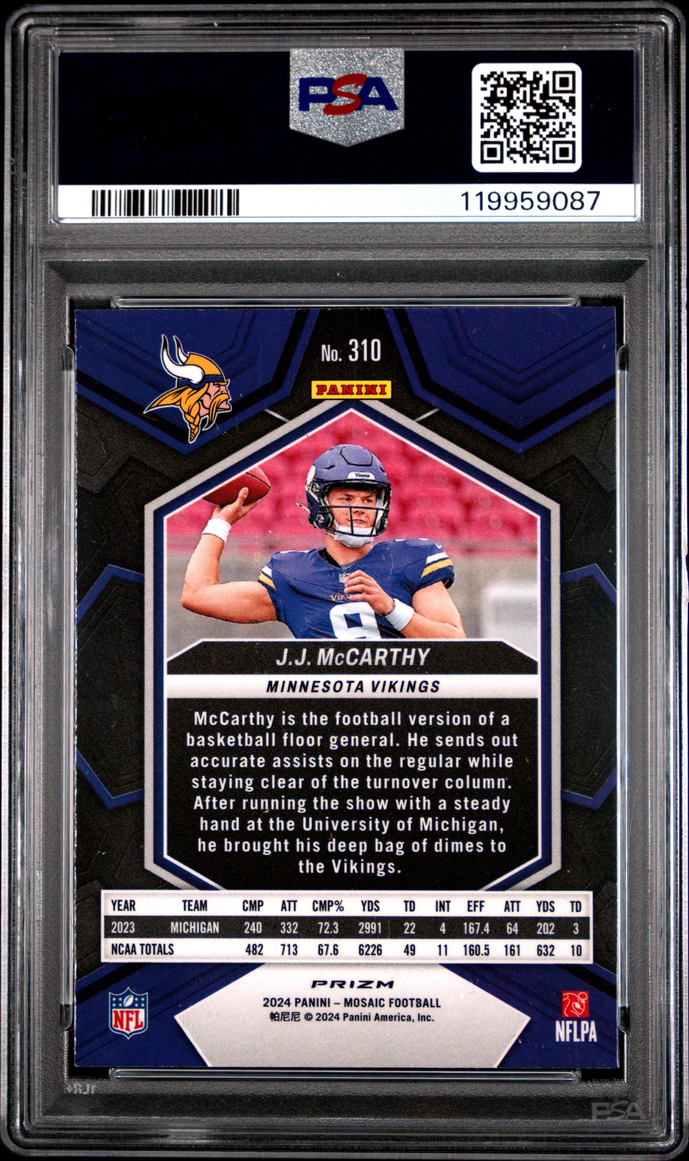 Graded 2024 Panini Mosaic JJ McCarthy #310 Reactive Yellow Rookie RC Football Card PSA 9 Mint