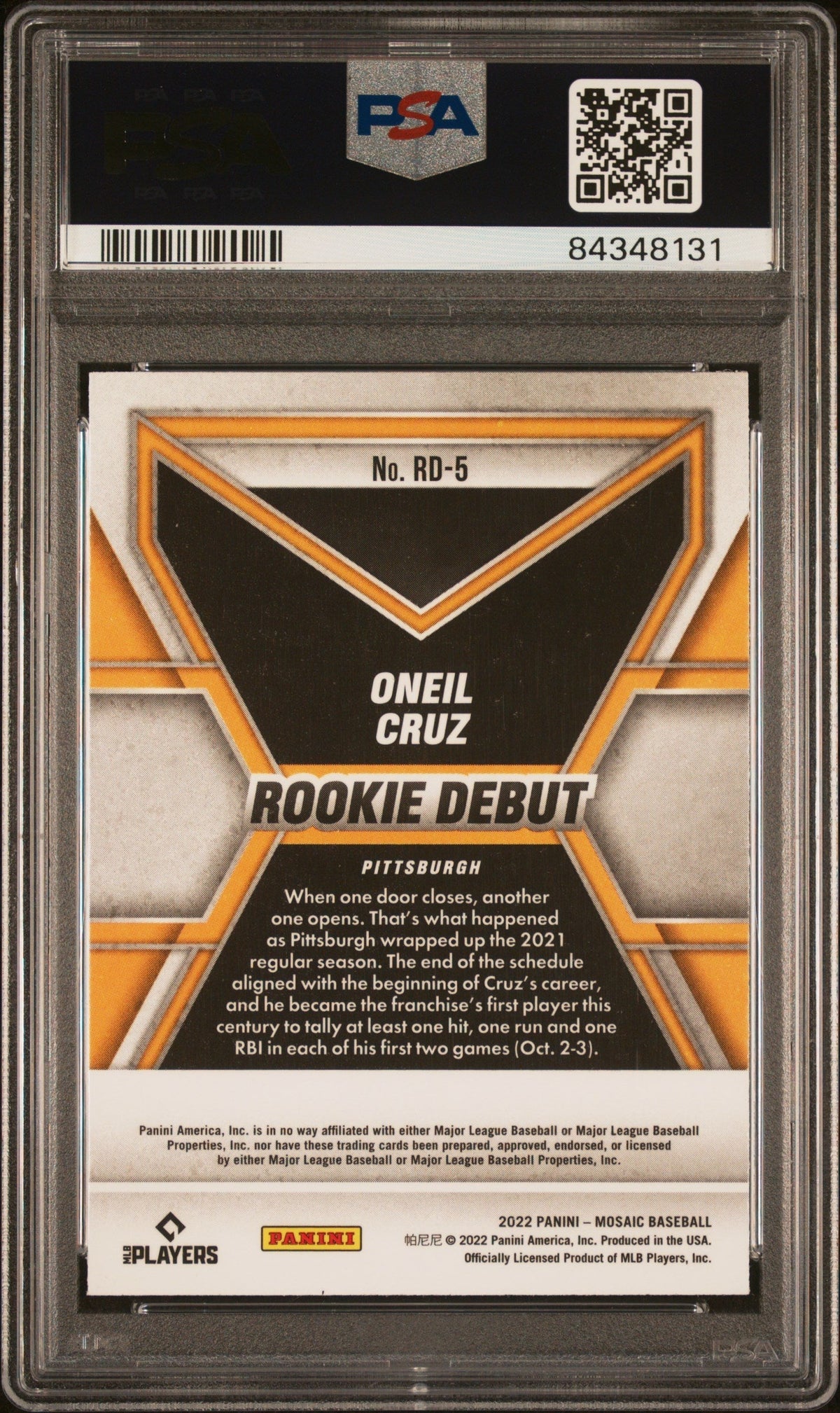 Graded 2022 Panini Mosaic Oneil Cruz #RD5 Rookie Debut RC Baseball Card PSA 10 Gem Mint