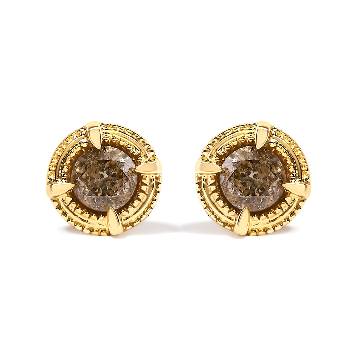 14K Yellow Gold Plated .925 Sterling Silver 1.0 Cttw Round Brilliant Cut Diamond Solitaire Milgrain Stud Earrings (K-L Color, I2-I3 Clarity)