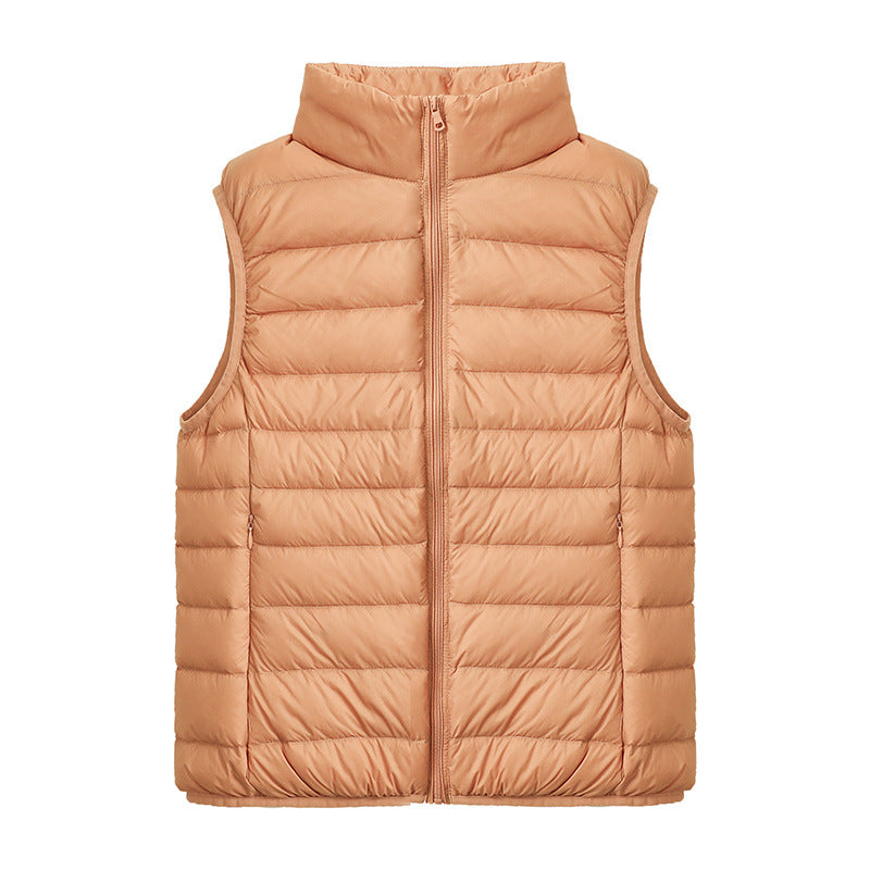 Womens Thin-style Down Vest, Cross-border, Two-way Zipper, 90 White Duck Down, Short Length