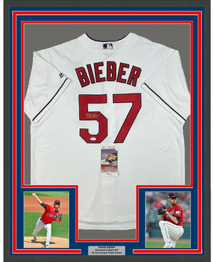 Framed Autographed/Signed Shane Bieber 35x39 Cleveland Indians White Majestic Baseball Jersey JSA COA