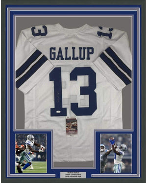 Framed Autographed/Signed Michael Gallup 35x39 Dallas White Football Jersey JSA COA