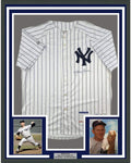 Framed Autographed/Signed Whitey Ford 35x39 New York Pinstripe Baseball Jersey PSA/DNA COA