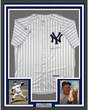 Framed Autographed/Signed Whitey Ford 35x39 New York Pinstripe Baseball Jersey PSA/DNA COA