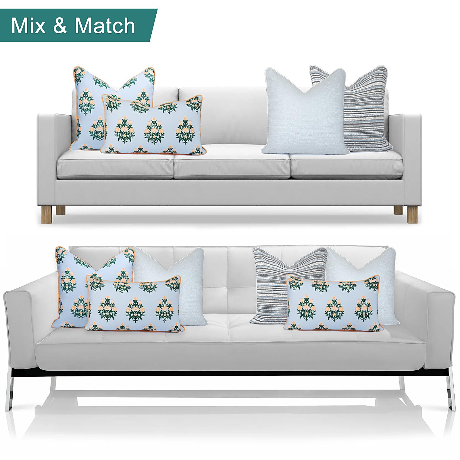 TIDEVERA Throw Pillow Cover Water Repellent Baby Blue Orange Floral 18x18