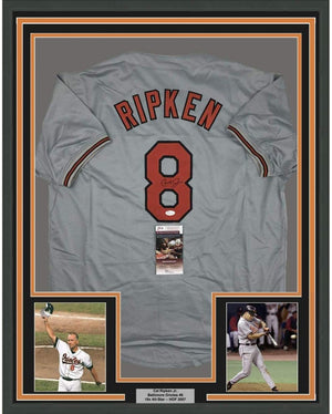 Framed Autographed/Signed Cal Ripken Jr. 35x39 Baltimore Grey Baseball Jersey JSA COA