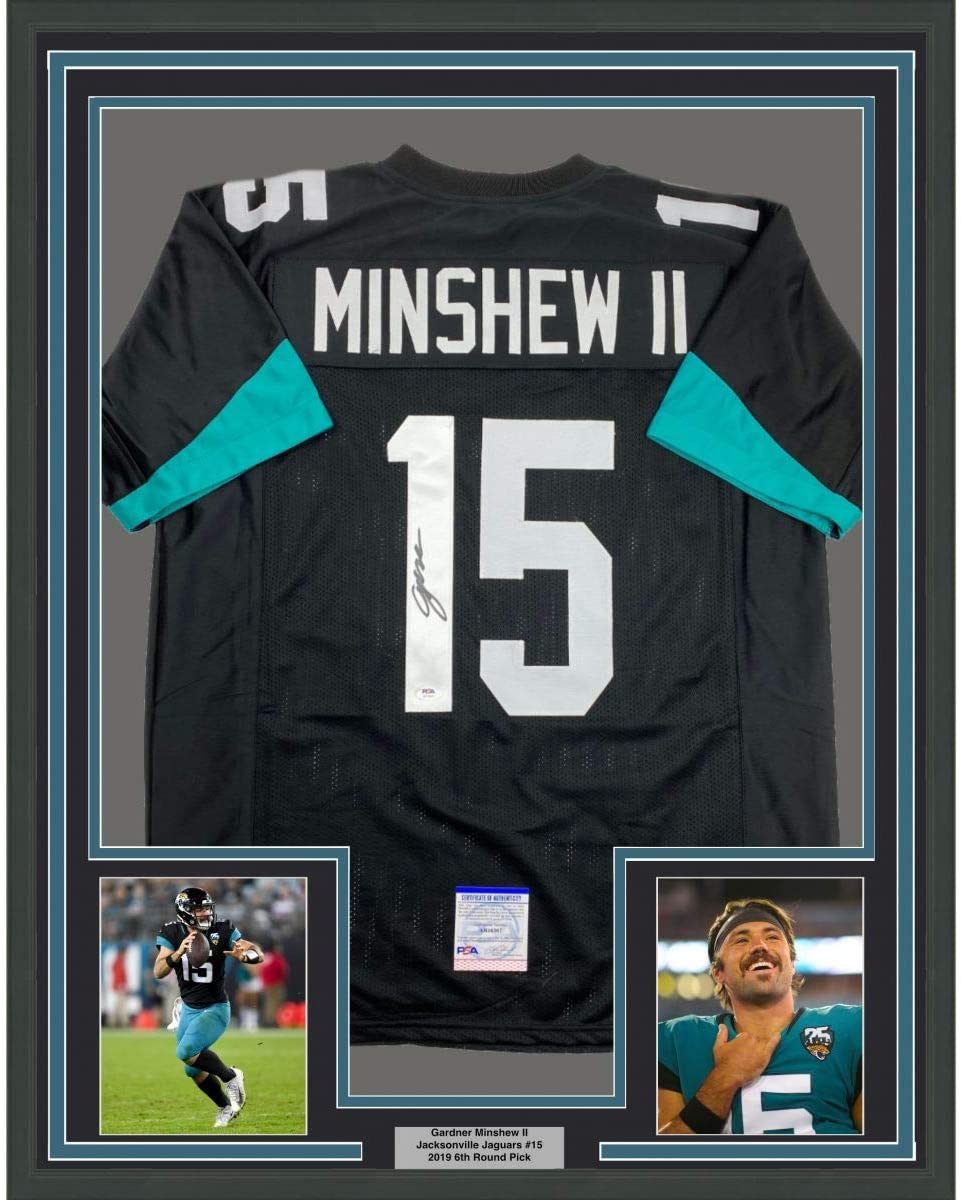 Framed Autographed/Signed Gardner Minshew II 35x39 Jacksonville Black Football Jersey PSA/DNA COA