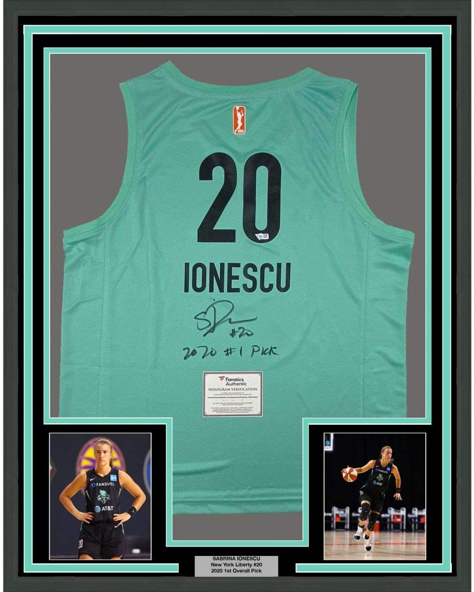 Framed Autographed/Signed Sabrina Ionescu 2020#1 Pick 35x39 New York Liberty Green Basketball Jersey Fanatics COA