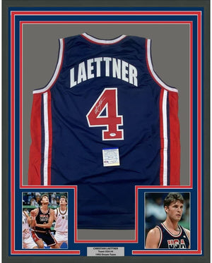 Framed Autographed/Signed Christian Laettner 35x39 Team USA United States Blue Basketball Jersey JSA COA