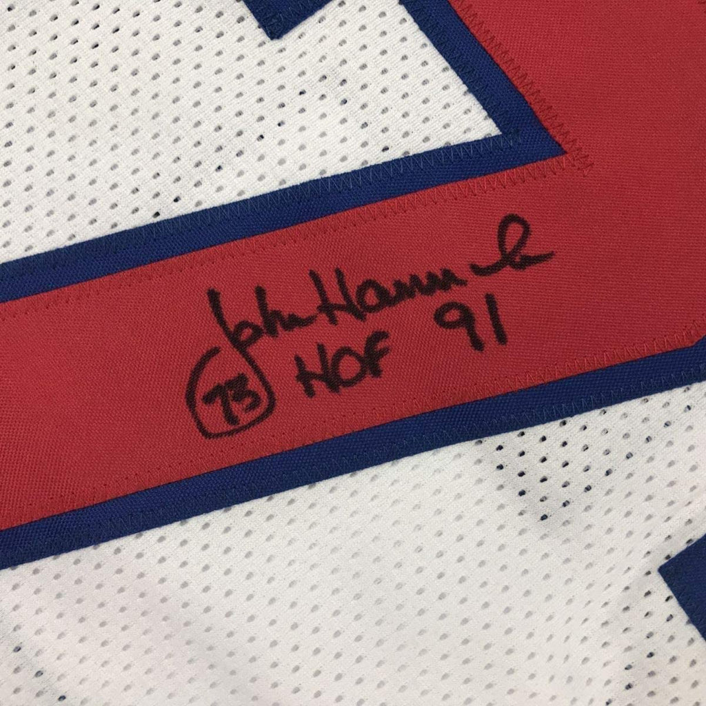 Framed Autographed/Signed John Hannah HOF 91 35x39 New England White Football Jersey JSA COA