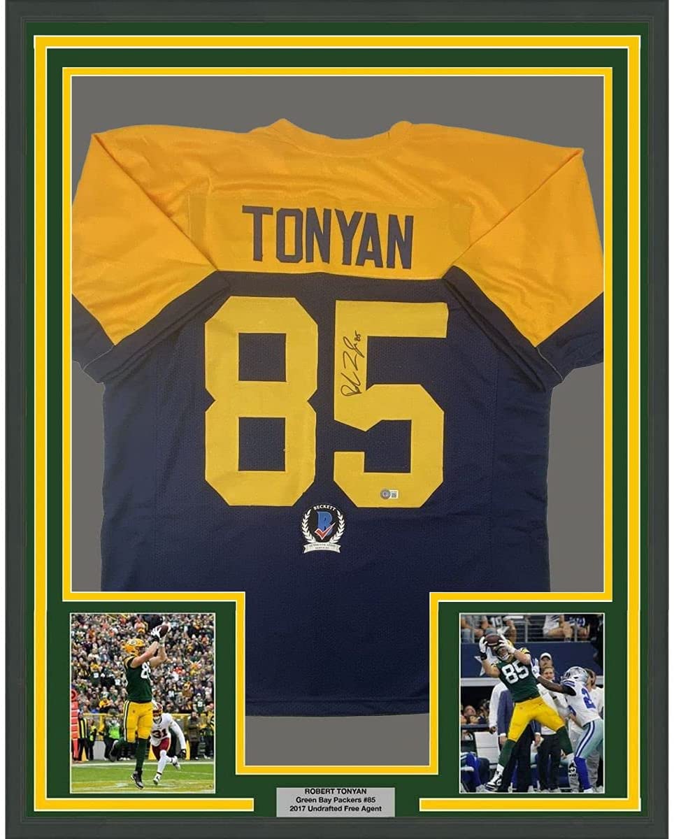 Framed Autographed/Signed Robert Tonyan 35x39 Green Bay Retro Blue Football Jersey Beckett BAS COA