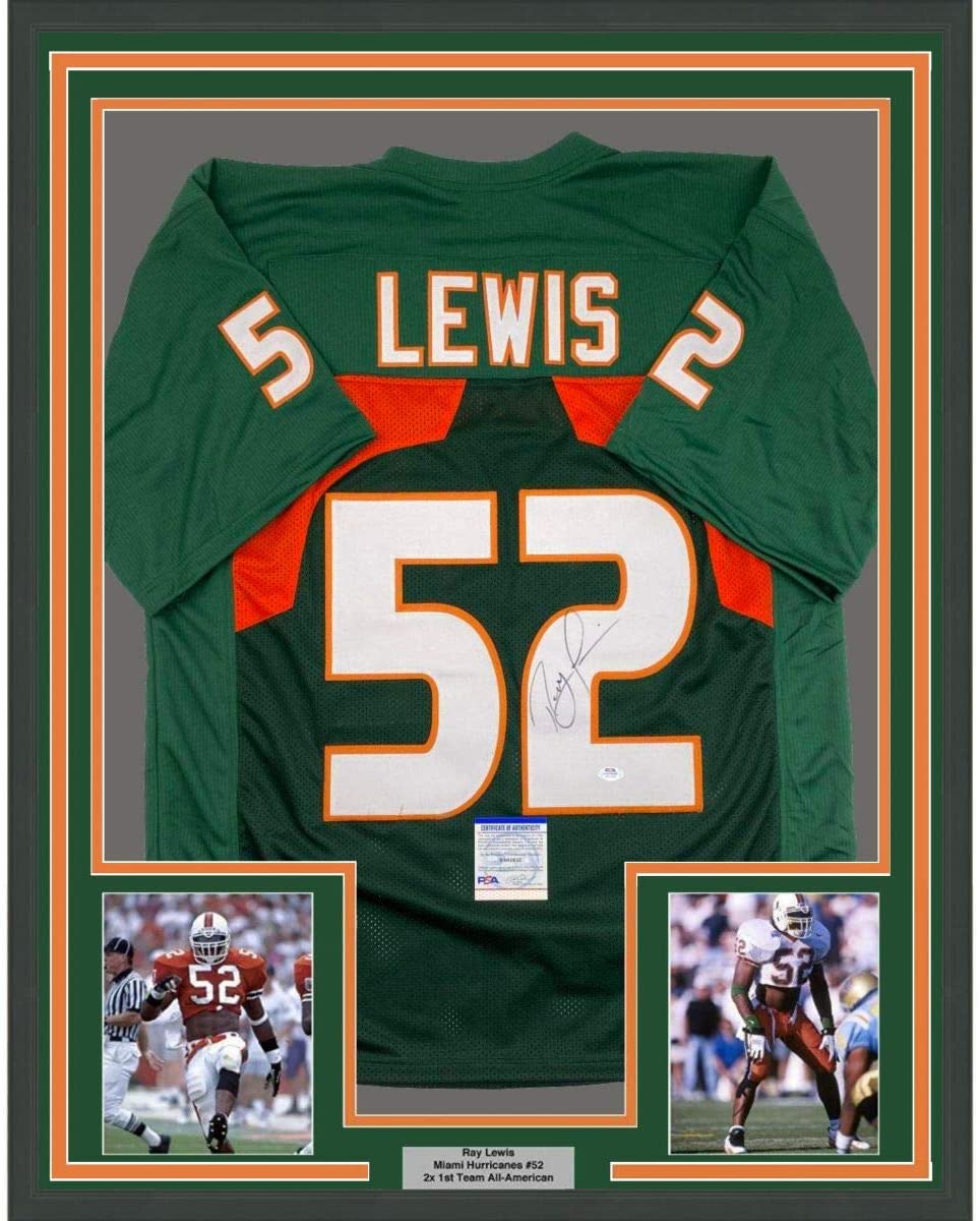 Framed Autographed/Signed Ray Lewis 35x39 Miami Green College Football Jersey PSA/DNA COA