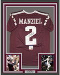 Framed Autographed/Signed Johnny Manziel 35x39 Texas A&M Maroon College Football Jersey PSA/DNA COA