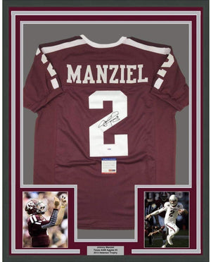 Framed Autographed/Signed Johnny Manziel 35x39 Texas A&M Maroon College Football Jersey PSA/DNA COA