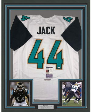 Framed Autographed/Signed Myles Jack 35x39 Jacksonville Retro White Football Jersey JSA COA