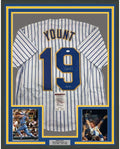 Framed Autographed/Signed Robin Yount HOF 97 35x39 Milwaukee Pinstripe Baseball Jersey JSA COA