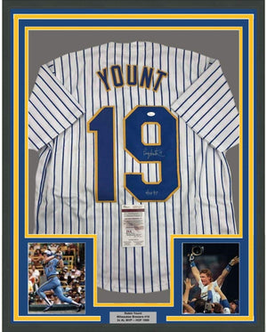 Framed Autographed/Signed Robin Yount HOF 97 35x39 Milwaukee Pinstripe Baseball Jersey JSA COA