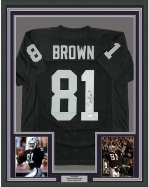 Framed Autographed/Signed Tim Brown 35x39 Oakland Black Football Jersey JSA COA Holo Only