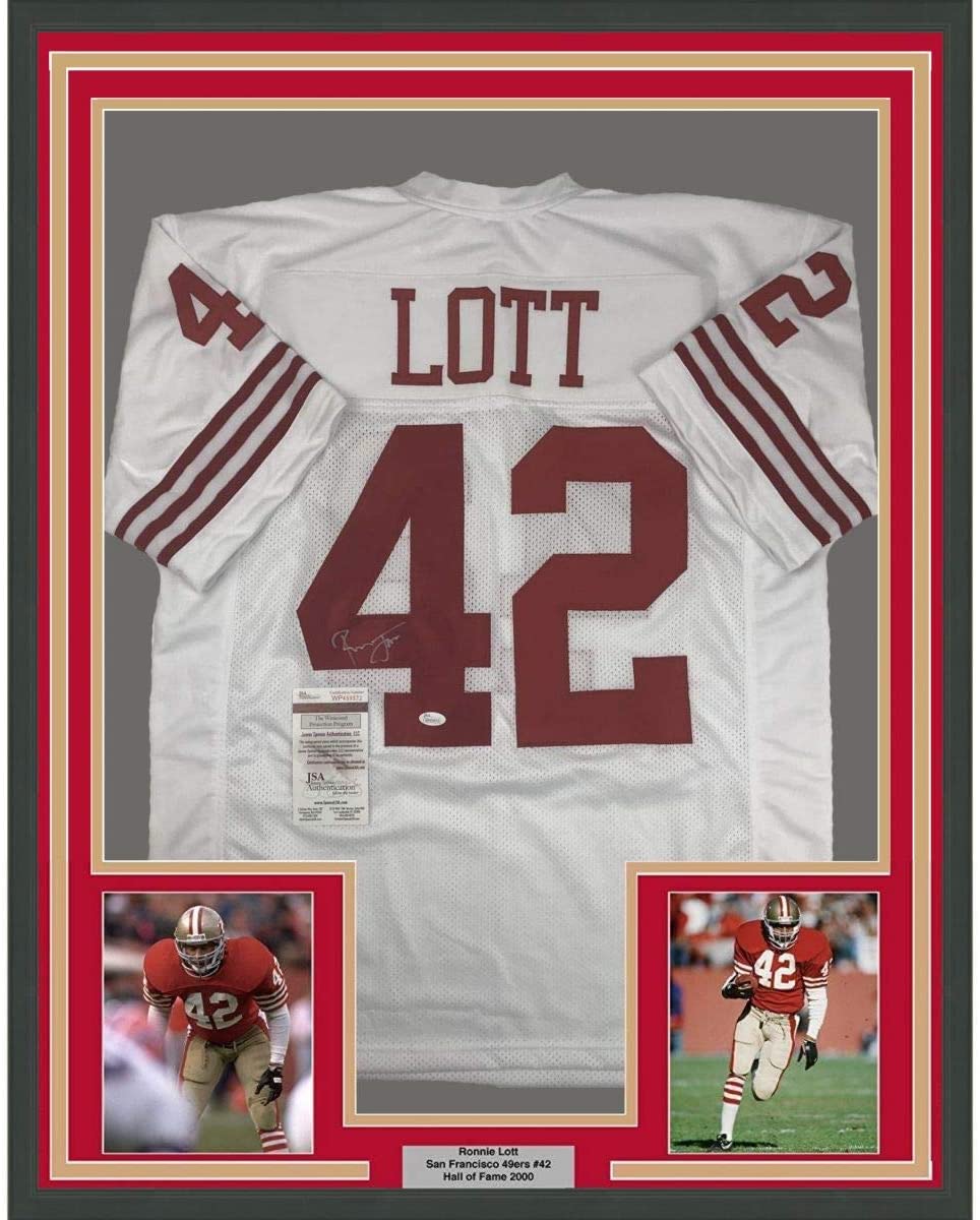 Framed Autographed/Signed Ronnie Lott 35x39 San Francisco 49ers White Football Jersey JSA COA