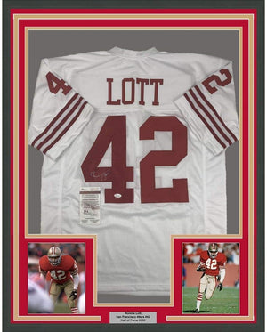 Framed Autographed/Signed Ronnie Lott 35x39 San Francisco 49ers White Football Jersey JSA COA