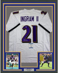 Framed Autographed/Signed Mark Ingram II 35x39 Baltimore White Football Jersey Beckett BAS COA