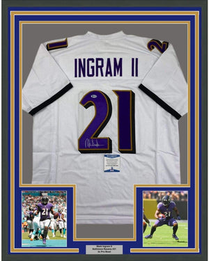 Framed Autographed/Signed Mark Ingram II 35x39 Baltimore White Football Jersey Beckett BAS COA