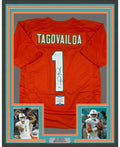 Framed Autographed/Signed Tua Tagovailoa 35x39 Miami Orange Football Jersey Beckett BAS COA