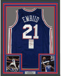 Framed Autographed/Signed Joel Embiid 35x39 Philadelphia Blue Basketball Jersey JSA COA