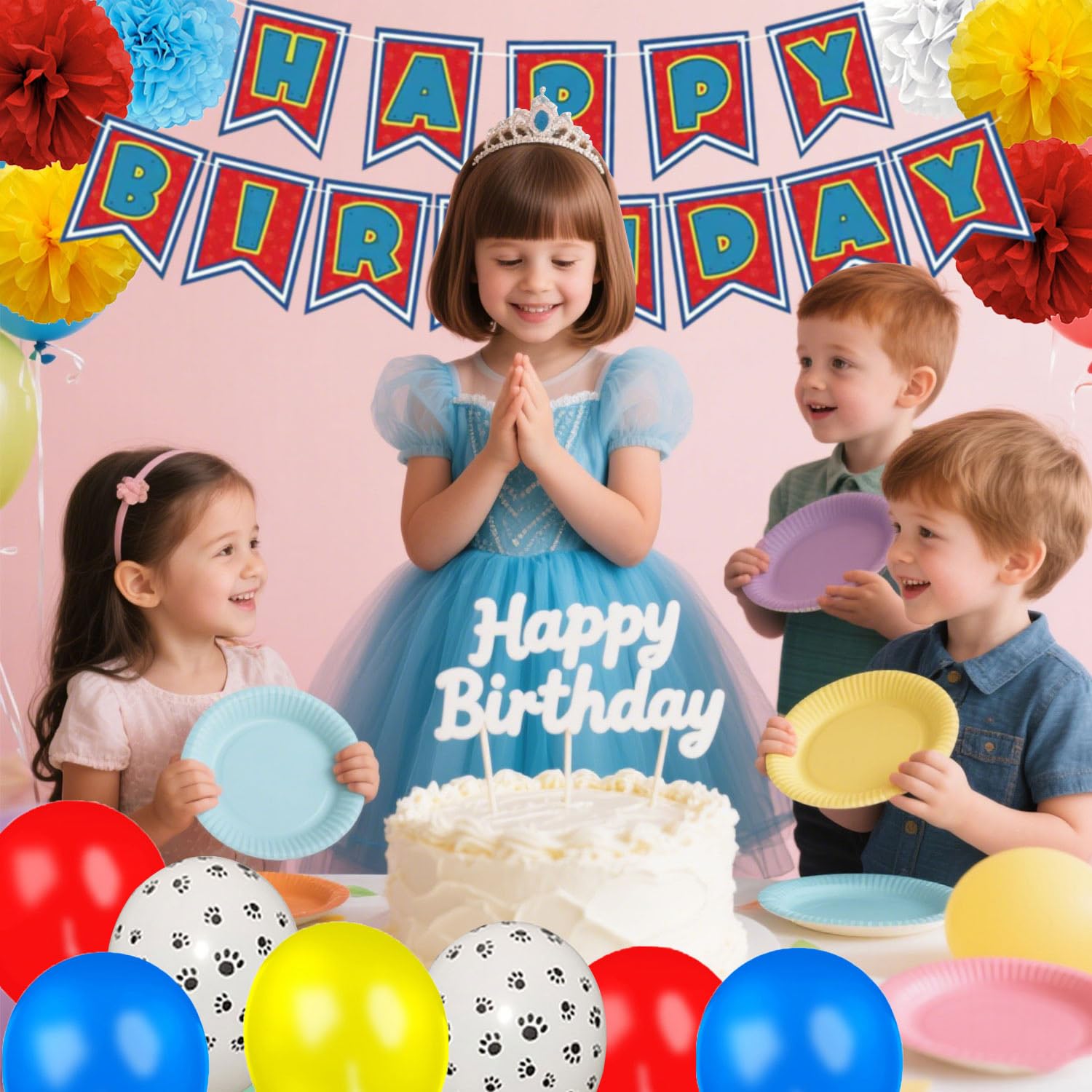 TRBSXRT Cartoon Birthday Decorations Gold Red Blue Foil Fringe Curtains Balloons
