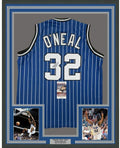 Framed Autographed/Signed Shaquille Shaq O'Neal 35x39 Orlando Blue Pinstripe Basketball Jersey JSA COA