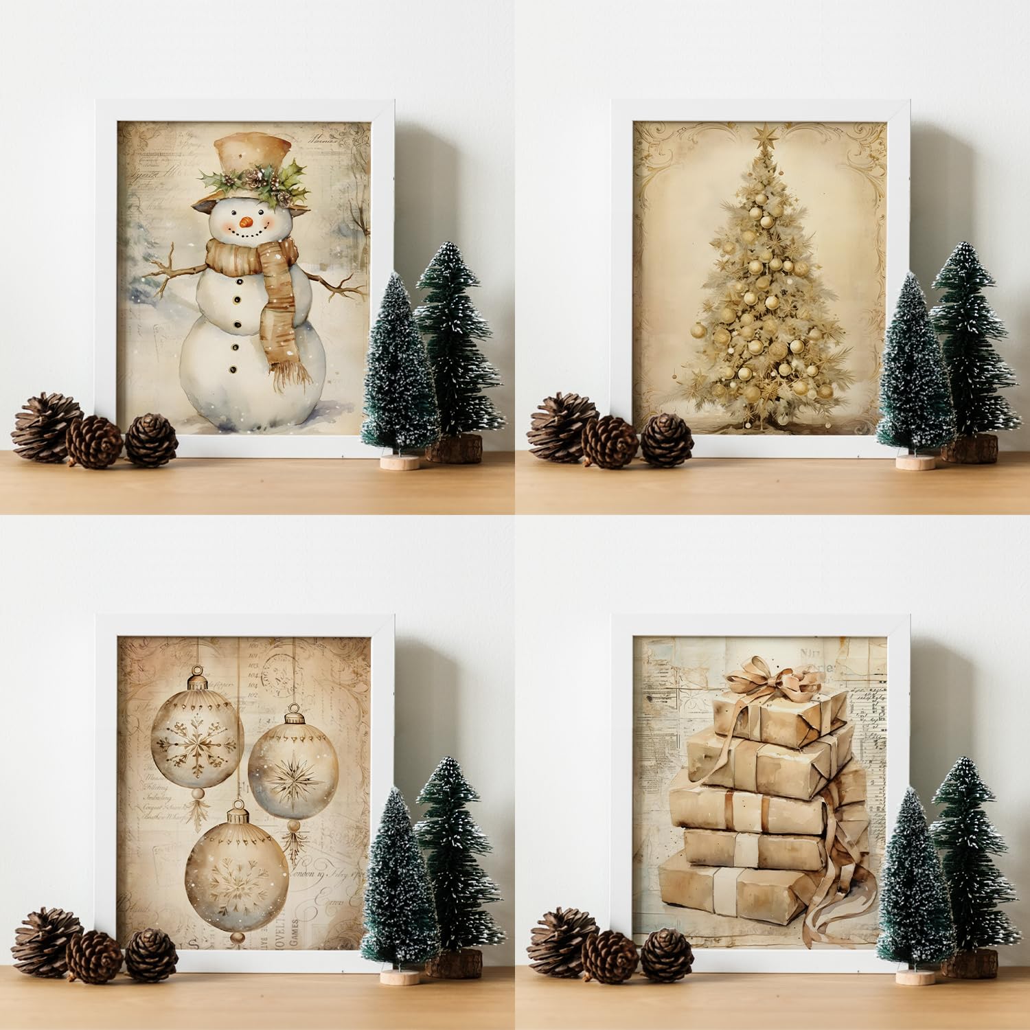 JXREQ Vintage Christmas Wall Art Prints 8x10 Snowman Tree Set of 4 Unframed