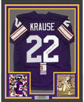 Framed Autographed/Signed Paul Krause HOF 98 35x39 Minnesota Purple Football Jersey JSA COA