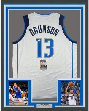Framed Autographed/Signed Jalen Brunson 35x39 Dallas White Basketball Jersey JSA COA