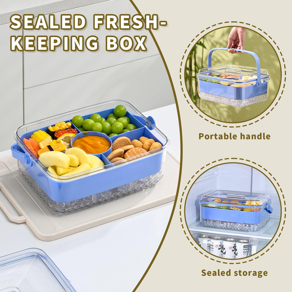 Hegrish Fruit Ice Serving Tray Clear Light Blue 4 Compartments with Lid