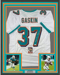 Framed Autographed/Signed Myles Gaskin 35x39 Miami White Football Jersey JSA COA