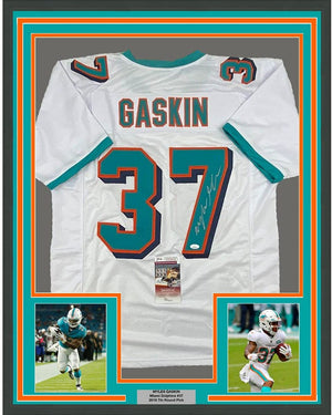 Framed Autographed/Signed Myles Gaskin 35x39 Miami White Football Jersey JSA COA