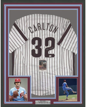 Framed Autographed/Signed Steve Carlton 35x39 Philadelphia Pinstripe Baseball Jersey JSA COA