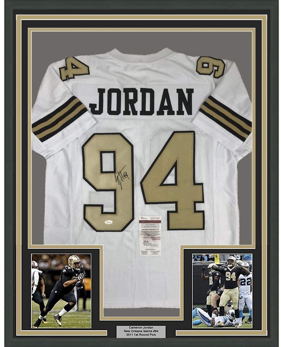 Framed Autographed/Signed Cameron Cam Jordan 35x39 New Orleans Color Rush Football Jersey JSA COA