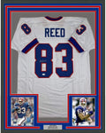 Framed Autographed/Signed Andre Reed 35x39 Buffalo White Football Jersey JSA COA