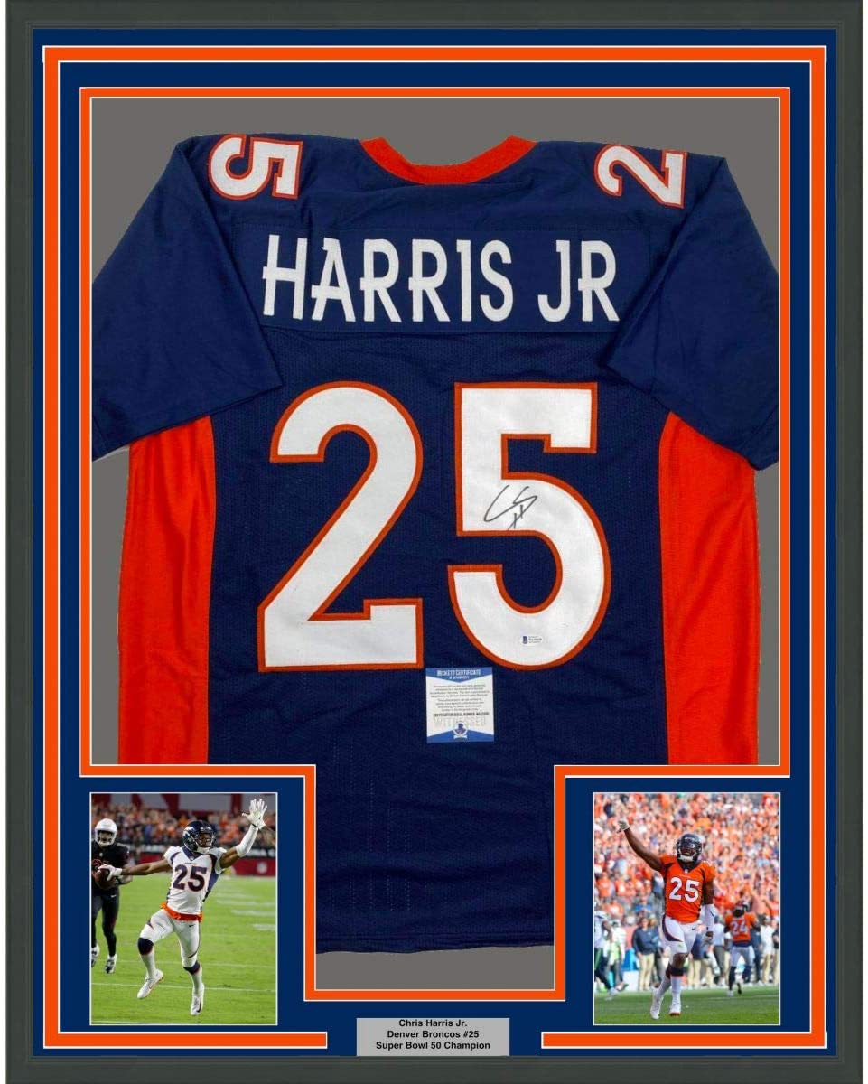 Framed Autographed/Signed Chris Harris Jr. 35x39 Denver Blue Football Jersey Beckett BAS COA